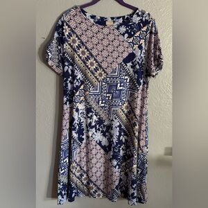 Chicos 2P Womens Knit Dress Large Petite Multicolor Patchwork Print. Knot sleeve